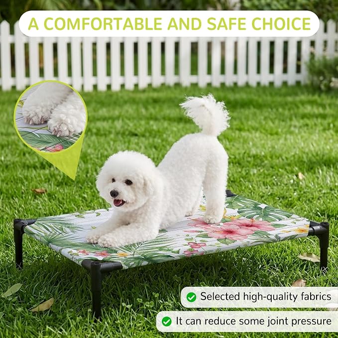 Outdoor Elevated Dog Bed for Large Dogs, Summer Hummingbirds Breathable Cooling Raised Dog Cot for Indoor/Outdoor, Farmhouse Floral Palm Leaves Wooden Waterproof Elevated Pet Beds, L 28 x 22 in