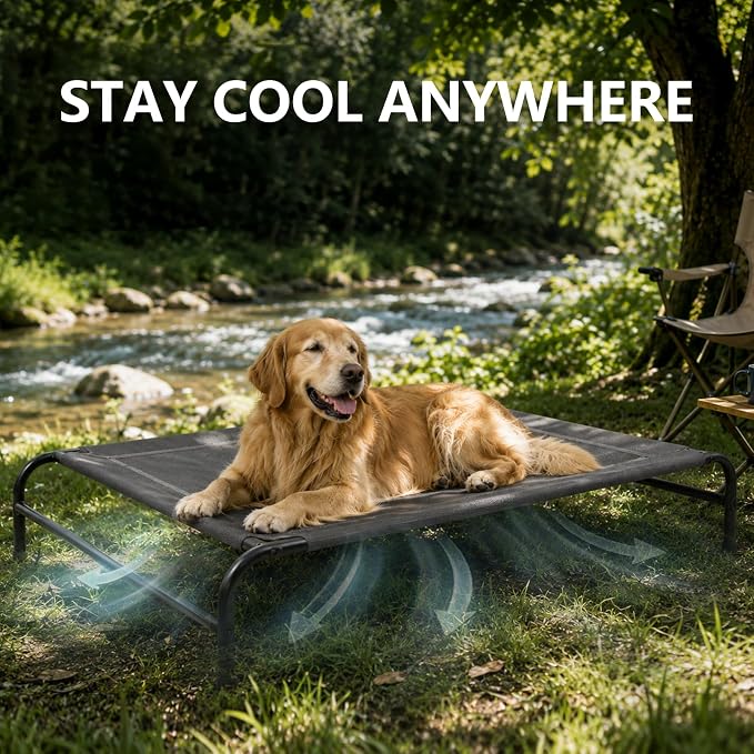 MICOOYO Outdoor Dog Bed, Elevated Dog Bed Raised Dogs Bed with Breathable & Washable Mesh, No-Slip Feet, Easy Clean, Chew Proof, Portable Dog Cot for Indoor & Outdoor Use, 43" x 31" x 8", Black