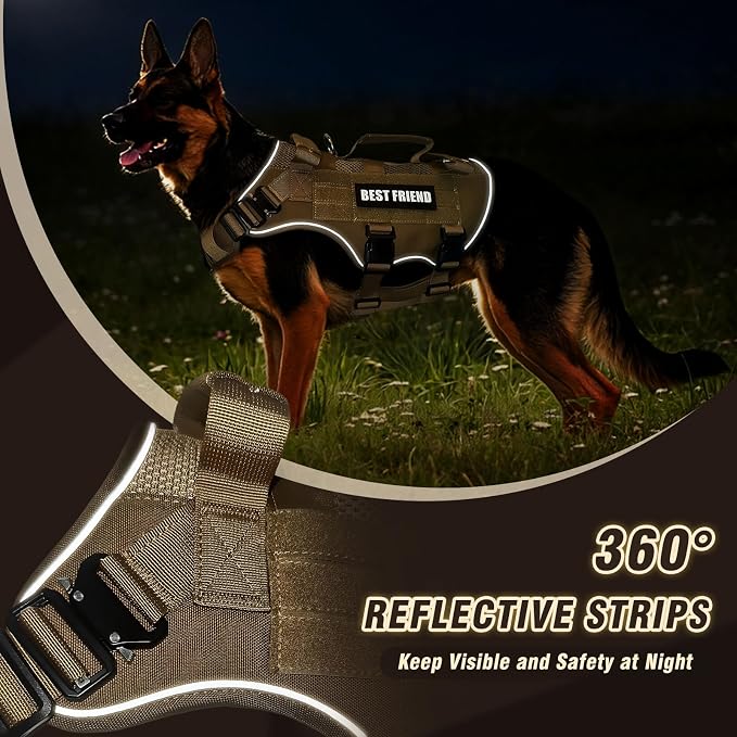 Air Mesh Tactical Dog Harness with Metal Buckles&MOLLE,Brown XL | Breathable Adjustable No Pull Service Dog Vest with 3 Padded Handles,Military Dog Harness for Training Hiking Hunting Working