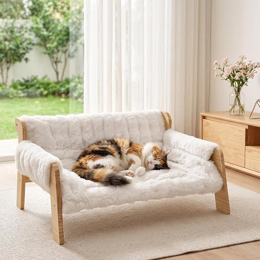 homegroove Elevated Cat Couch Bed, Wood Cat Sofa for Indoor Cats, White﻿ | 27"L x 18"W x 11.8"H, solid wood cat bed with removable washable cushion, available in white and gray, for cats & small dogs