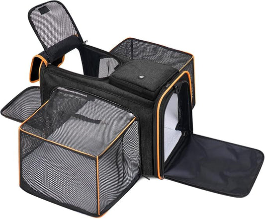 Pet Carrier, Large Soft Sided Expandable Travel Carrier with Steel Frame, Anti-Scratch Mesh, Removable Fleece Pad and Pockets for Cats, Dogs and Small Animals up to 15 lbs (Black, 4 Sides Expandable)