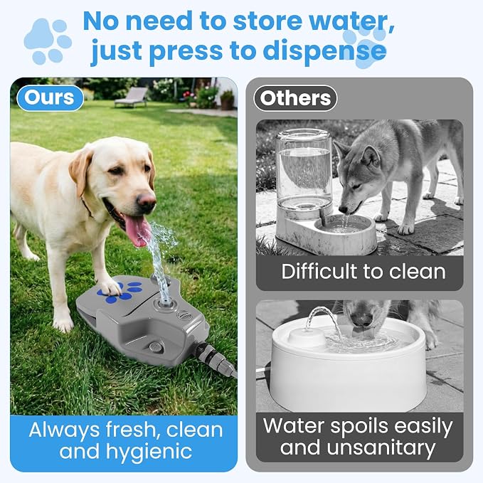 Outdoor Dog Water Fountain, Paw Activated Pet Water Dispenser, Step On Dog Sprinkler, Dog Drinking Station for Medium Large Dogs, Yard & Garden - Hose Connected, No Tank Design
