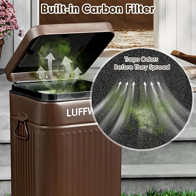 Dog Poop Trash Can Outside, 12L Metal Bin, Tray & Spade | 2 carbon filters, Step-to-open pedal, Soft-close lid, Anti-tip securing ring, Easier cleanup, Stays upright