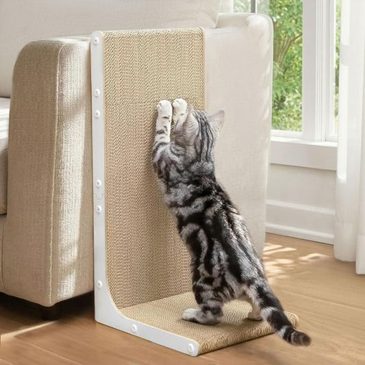 Conlun Cardboard Cat Scratcher, 23" L-Shaped Scratch Pad, Vertical Wall-Leaning Scratching Board to Protect Furniture for Indoor Cats, White