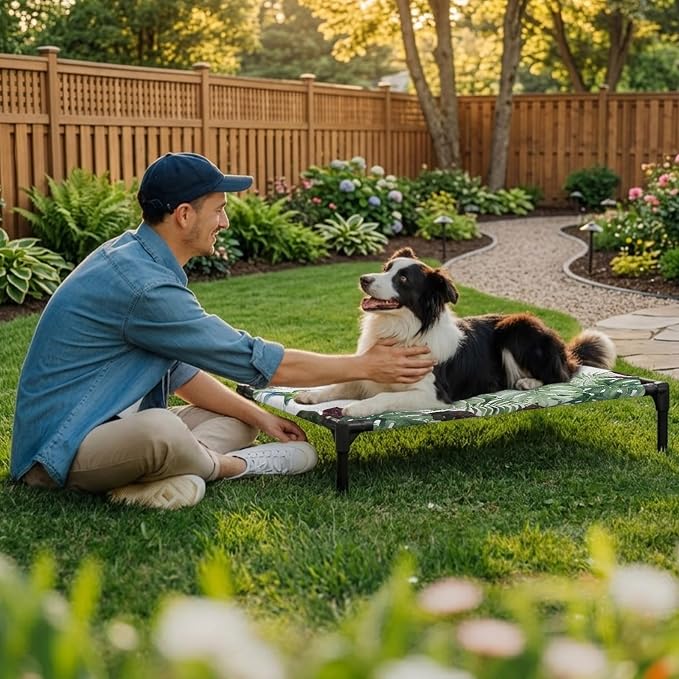Outdoor Elevated Dog Bed for Large Dogs, Summer Hummingbirds Breathable Cooling Raised Dog Cot for Indoor/Outdoor, Tropical Palm Leaves Farmhouse Wood Waterproof Elevated Pet Beds, L 28 x 22 in