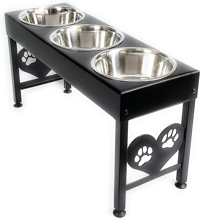 3 Bowl Dog Feeder Pet Feeding Station Triple 3 Quart Metal Dog Bowls 16 Inch Tall Made in USA
