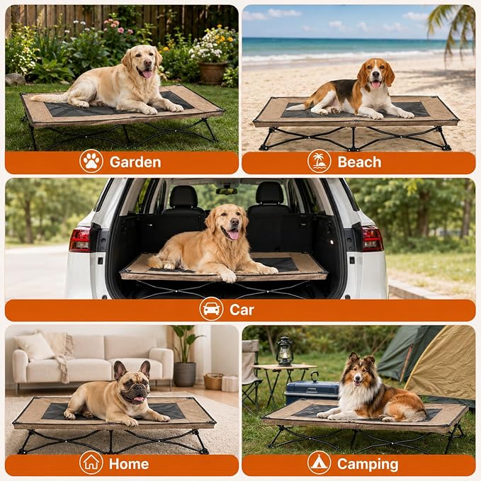 Foldable Elevated Dog Bed for Large Dogs, No-Assembly Raised Dog Cot, Portable Outdoor Cooling Bed with Breathable Teslin Mesh, Anti-Slip Feet, Sturdy Frame Supports 150 lbs, Indoor, Camping