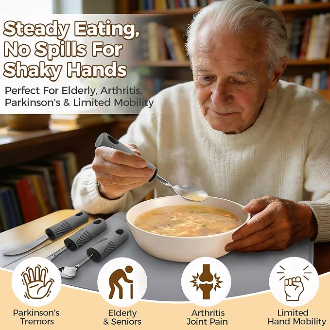 9 Pcs Bendable Adaptive Utensils Set for Parkinson's Arthritis Elderly | Built Up Handle, Stabilizing Tremor, Non-Slip Lightweight Grip, for Weak Grip & Stroke, Independent Dining, BPA-Free