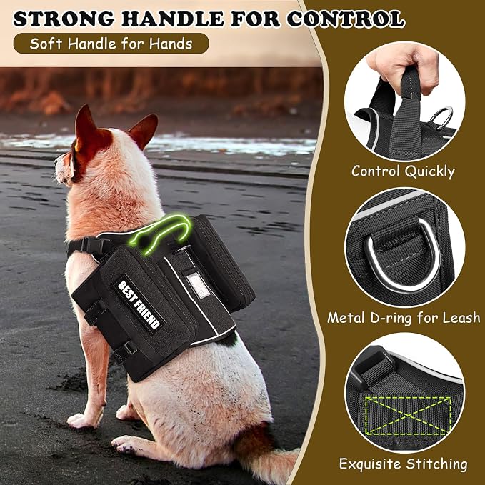 Dog Backpack Harness and Leash Set for Large Dogs Black L | Removable Side Pockets Dog Vest with Padded Handle&MOLLE,No Pull Front&Back Metal Clips for Hiking Training Walking Hunting