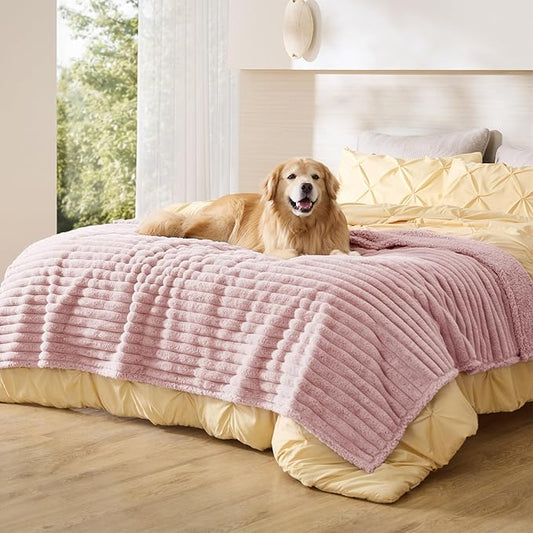 Bedsure ComfyFleece™ Waterproof Blanket for Bed, Twin（60"x80"） Blush Pink | Soft Plush Couch Bed Cover Corduroy Fleece for Furniture Protector, Cozy Calming Reversible Dog Blankets for Large Dogs Pet