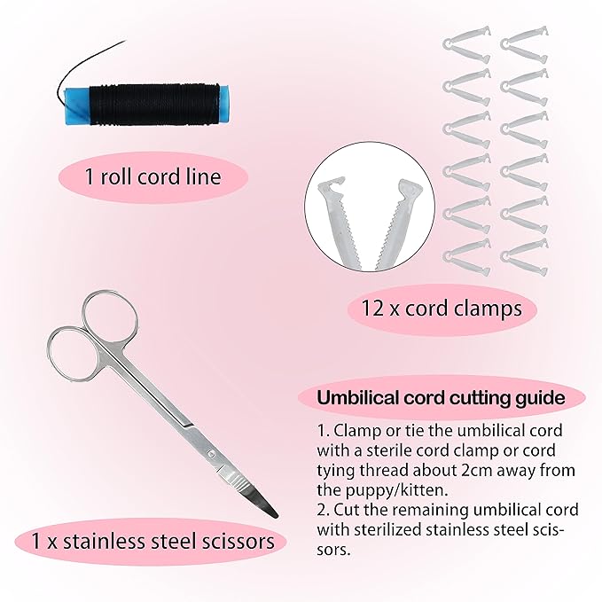SQUARECIRCLE Complete Dog Whelping Kit with Feeding Nipple, Record Keeping Charts, ID Collars, Aspirator, Cord Clamps & More - Essential for Newborn Puppies (Red with Pads)