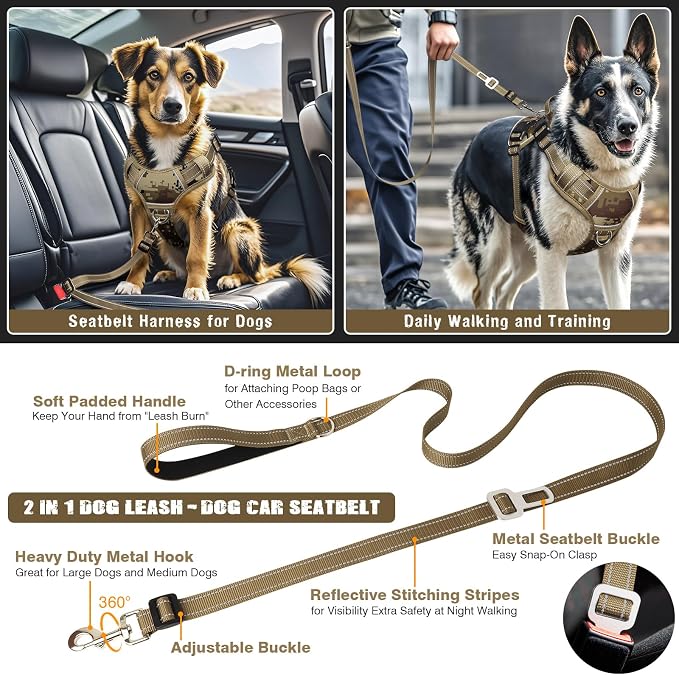Tactical Service Dog Vest and Leash Set with 10 Patches Camo S | Adjustable No Pull Service Dog Harness for Small Sized Dog with Dog Seat Belt,Reflective Easy Walk for Training Hiking