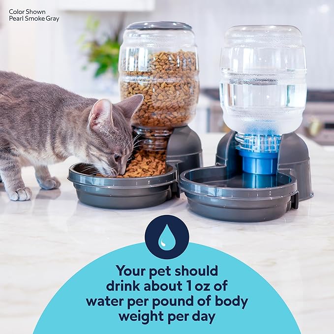 Petmate Replendish Gravity Automatic Dog Water Dispenser Pet Waterer and Pet Feeder Set with Microban Protection Base, 100% BPA Free, Wide Mouth Bowl - 2.5 Gallon Water, 10 lb Food