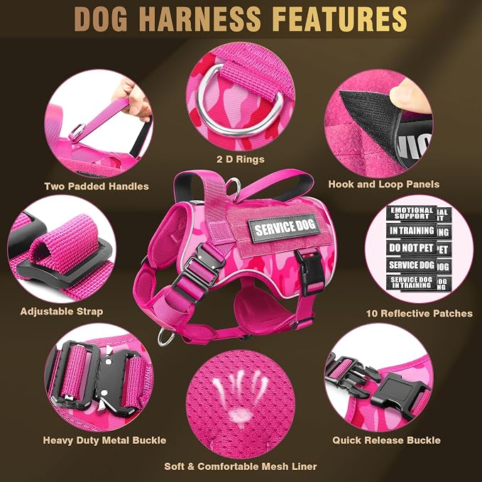 2X Metal Buckle Service Working MOLLE Dog Vest with 10 Pet Patches | Tactical Dog Harness for Medium Dog, No-pull Military Working Vest for Training Hunting Walking，2x D Rings for Leash Clip