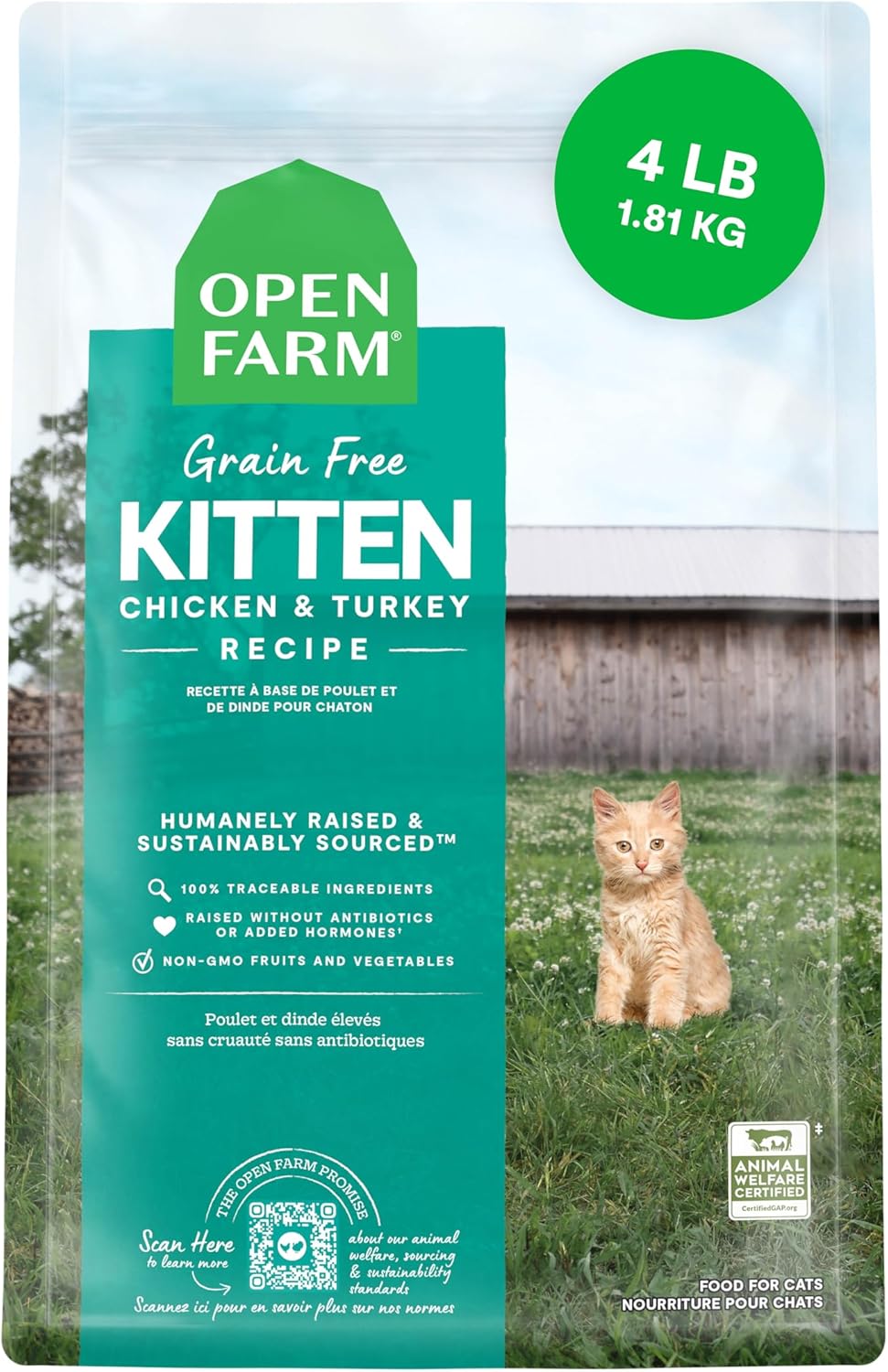 Open Farm, Grain Free Dry Kitten Food, Nutrient Dense Kibble with Protein, Vitamin A, Taurine, Naturally Occurring Fibers & Prebiotics, Homestead Turkey & Chicken Recipe for Kittens, 4lb Bag