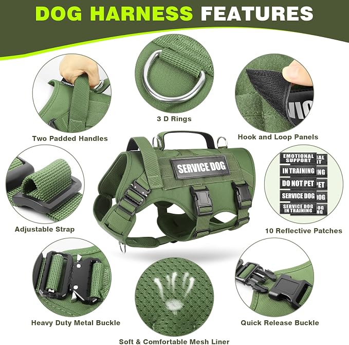 Tactical Dog Harness with Dog Leash, Service Working MOLLE Vest with 10 Pet Patches for Dog, No Pull Military Harness and Backpack for Training Hunting Walking