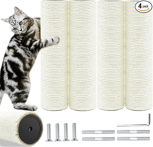 Cat Tree Replacement Post, 4 Pack 9.84in Cat Scratching Post Replacement Poles with M8 Screws, Natural Sisal Cat Tower Parts, Connectable to 19.7in/39.4in for Cat Tree Repair & Extension