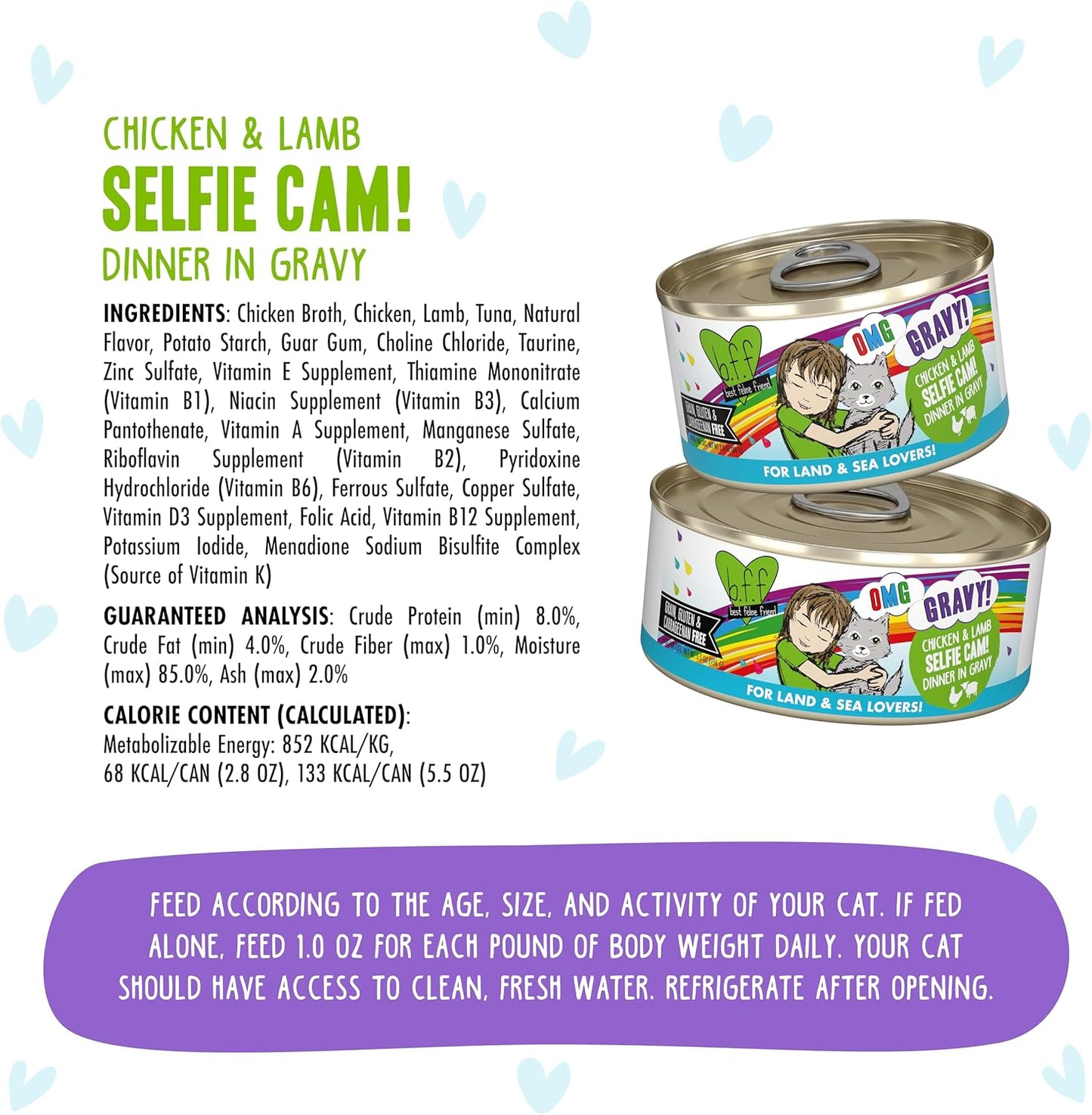 Weruva B.F.F. OMG - Best Feline Friend Oh My Gravy!, Selfie Cam! with Chicken & Lamb in Gravy Cat Food, 5.5oz Can (Pack of 8)