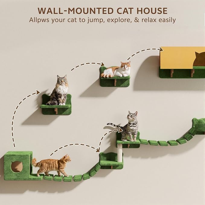 16-in-1 Cat Wall Shelves, Cat Furniture w/Tunnel & Bridge, Green | Wall Mounted Cats Shelf Set with Plush Fabric, Cat Climbing Wall Systems for 16 Inch Drywall, with Scratching Posts, Condos
