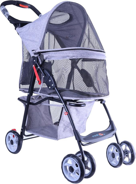 Full-Window pet Stroller 4 Wheels for Cats & Dogs, with Storage Basket,Cup Holder, Travel Puppy/Cats Stroller.Gray