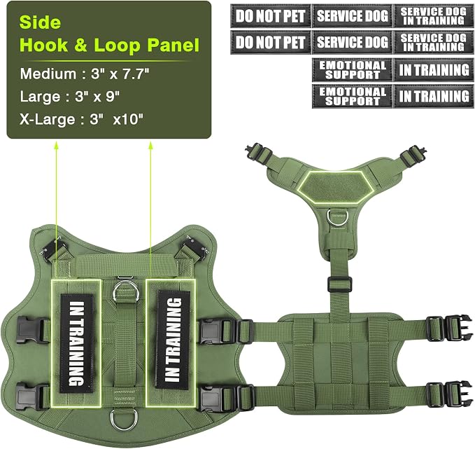 Tactical Dog Harness with Dog Leash, Service Working MOLLE Vest with 10 Pet Patches for Dog, No Pull Military Harness and Backpack for Training Hunting Walking