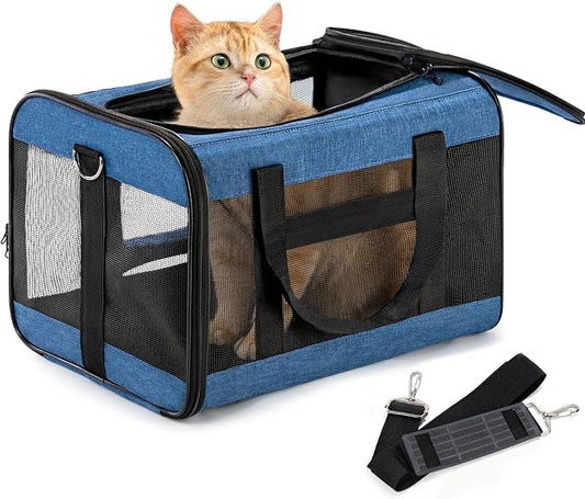 Conlun Cat Carrier Airline Approved, Soft-Sided Dog Carrier with Inner Safety Leash, Pet Transport Carrier for Small-Medium Cats Puppies up to 15 Lbs, Collapsible Travel Kitten Carrier Bag -Blue M