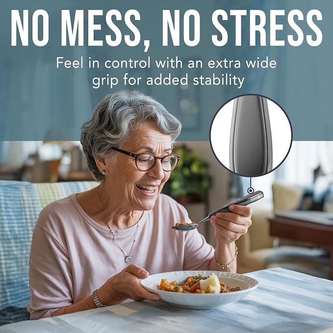 BUNMO Weighted Utensils for Hand Tremors - Elderly, Weak Hand Grip & Handicapped - Stainless Steel - Eat Independently