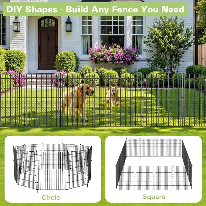10 Panels No Dig Garden Fence with Gate, 34in(H) × 22.5ft(L) Decorative Metal Outdoor Dog Fence, Rustproof Pet Fencing for Yard, Patio, Flower Bed -Temporary Fencing| Easy to Install
