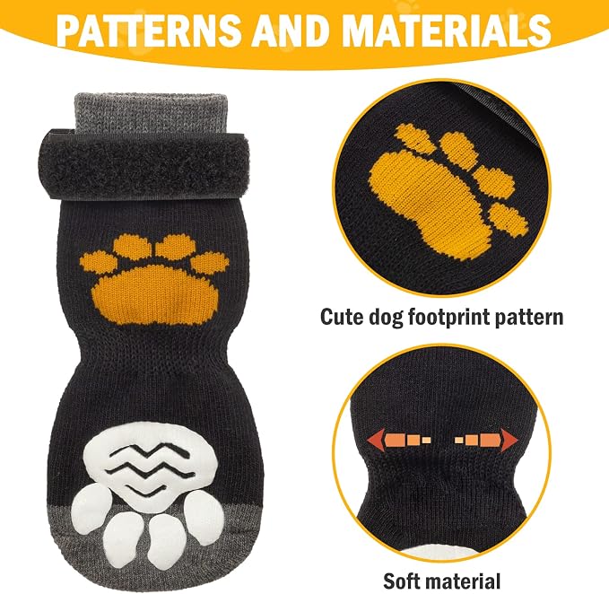 PUPTECK Anti-Slip Dog Socks with Double Sides Grips for Small Medium Large Dogs Hardwood Floors Prevents Licking, Dog Shoes for Hot Pavement Traction Control Paw Protector for Senior Dogs,Golden Paw S