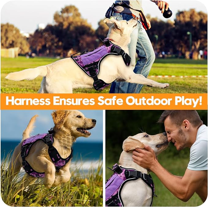Heavy-Duty Tactical Dog Harness for Large Dogs, No Pull Adjustable Reflective Pet Vest with Molle System, K9 Military-Grade Control for Service Training, Outdoor & 10+ Breeds, Purple Camo, XX-Large