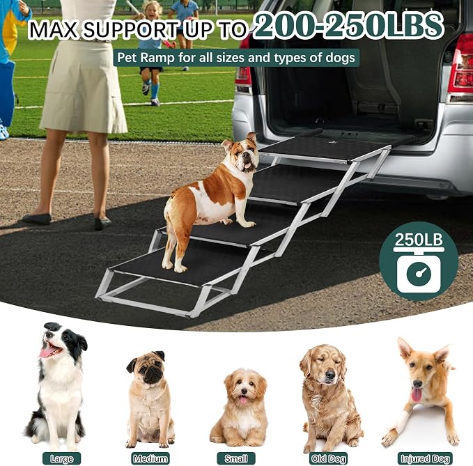 Joyrally 4-Step Dog Stairs for Car, Large Dogs, High-Traction Mat | 20 in extra-wide aluminum frame, 200 lb capacity and foldable design for SUV and truck trunks, for senior and injured dogs