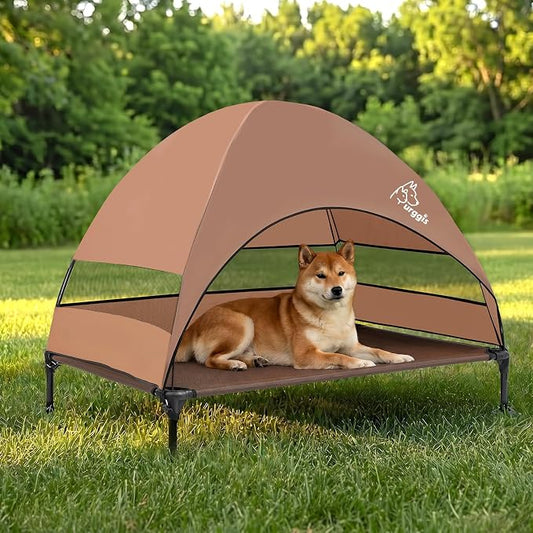 Upgraded Elevated Dog Bed with Canopy, Portable Raised Outdoor Dog Bed with Stable Anti-Slip Feet, Raised Wider Shade Pet Bed Cot for Large Dogs Camping, Indoor & Outdoor Use