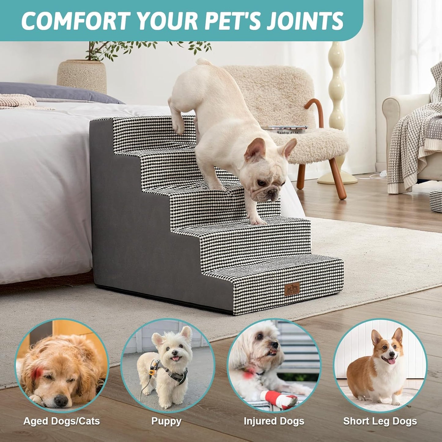 Dog Stairs for Small Dogs, 5 Tier Wider Pet Stairs for High Beds, 23.6" H Non-Slip Dog Steps for Old Cats, Puppies, Small Medium Dogs, 29.5x19.7x23.6 inch, White Black