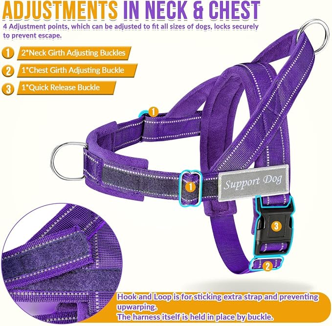 SlowTon No Pull Dog Harness with Front Clip - Heavy Duty, Soft Padded | Neck & Chest Adjustable, Tactical Pet Vest and Leash Set for Large Medium Sized Dogs, for Easy Walk & Training, Purple S