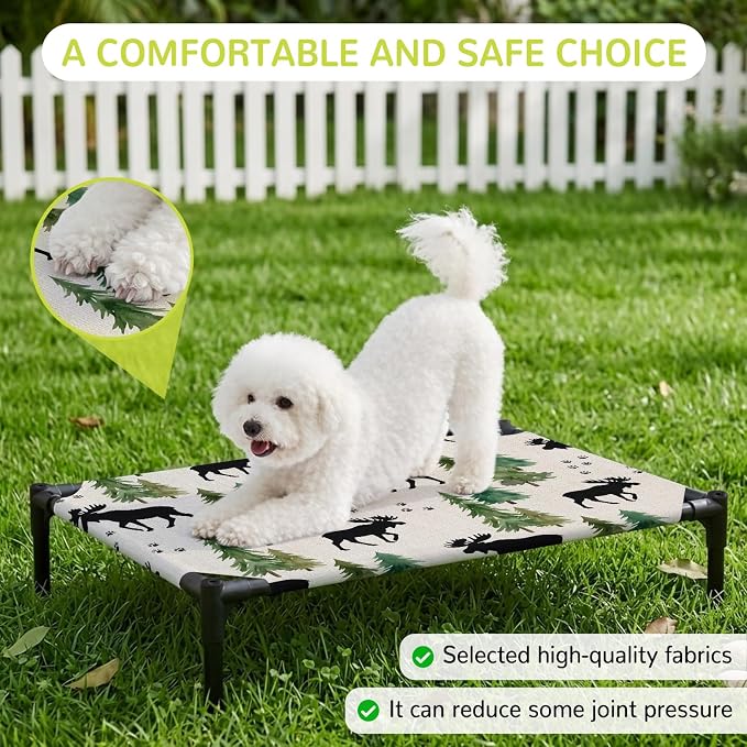 Outdoor Elevated Dog Bed for Medium Dogs, Black Green Moose Breathable Cooling Raised Dog Cot for Indoor/Outdoor, Modern Animals Trees Rustic Waterproof Elevated Pet Beds, M 24 x 20 in