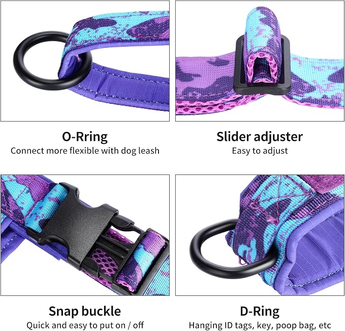 Annchwool No Pull Dog Harness with Soft Padded Handle,Escape Proof and Quick Fit to Adjust Dog Harness,Easy for Training Walking for Small & Medium and Large Dogs(Camo Purple,XL)