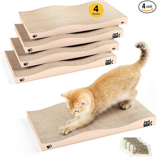 Cat Scratcher, Durable Scratch Pad, Corrugated Cardboard Scratching Board for Indoor Cats, Heavy Duty, Double-Sided Usability, Recyclable, with Catnip，4 Pack