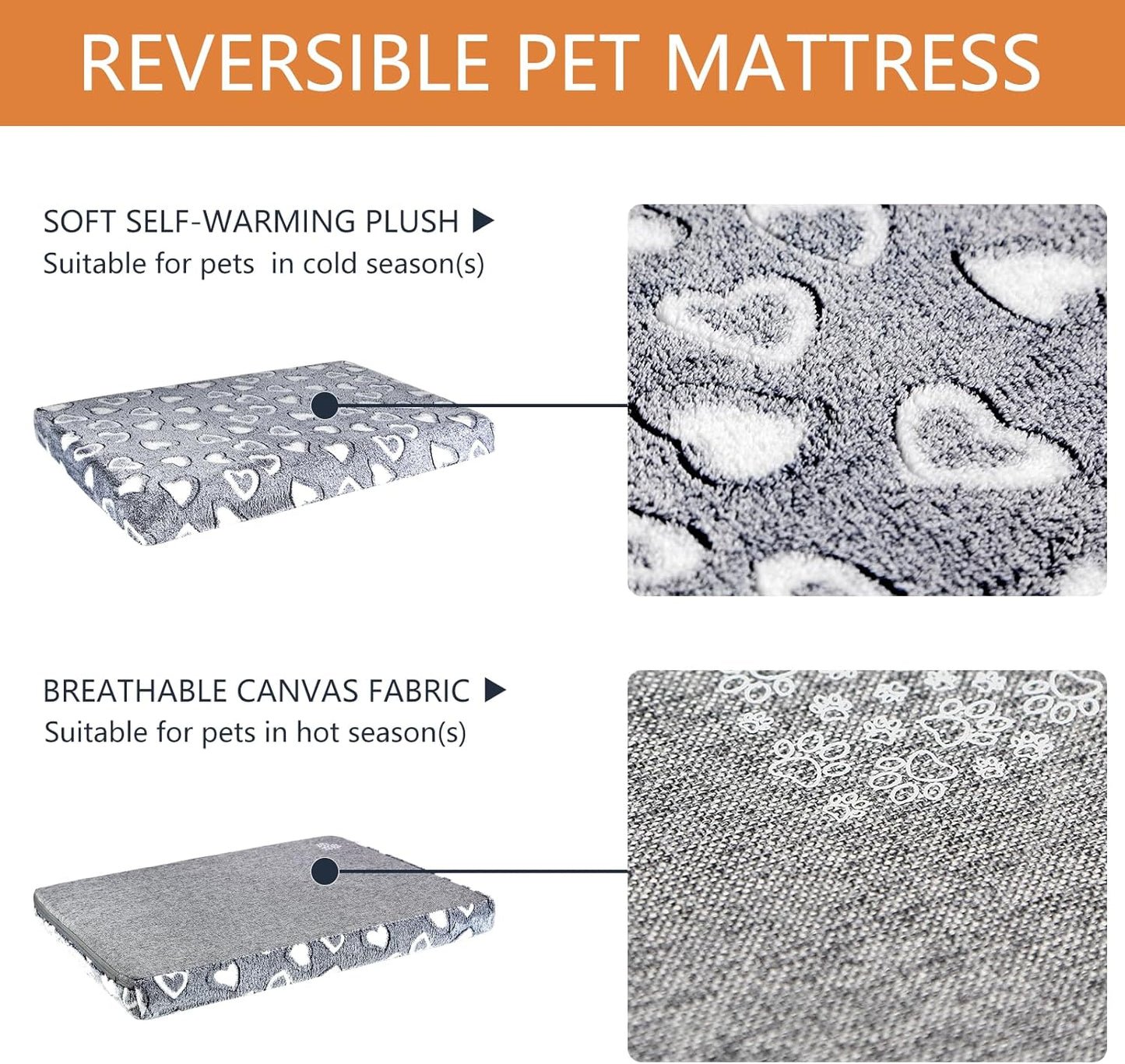VANKEAN Reversible Dog Crate Mat, Stylish Bed with Waterproof Linings and Removable, Washable Cover, Firm Support Pad for Small to XX-Large Dogs, Grey