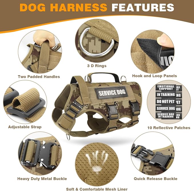 Service Dog Vest Harness for Medium Dog, Tactical Working MOLLE Vest with 10 Pet Patches, No Pull Heavy Duty Harness for Training Walking