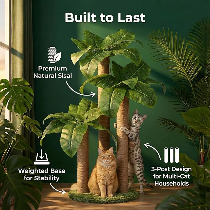LEMONDA 31.5Inch Cat Scratching Post,Cat Scratcher Tree with 3 Scratching Poles & 2 Interactive Dangling Balls,Cats Scratching Posts for Indoor Kitten & Adult Cats