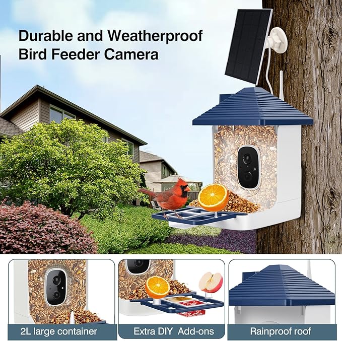 Smart Bird Feeder with Camera,AI Identify Species,Bird House with Solar Powered,Instant Arrival Alerts,64GB Card Auto Record Video,2K Capture Video,Live View for Lover (Blue+64G Card)