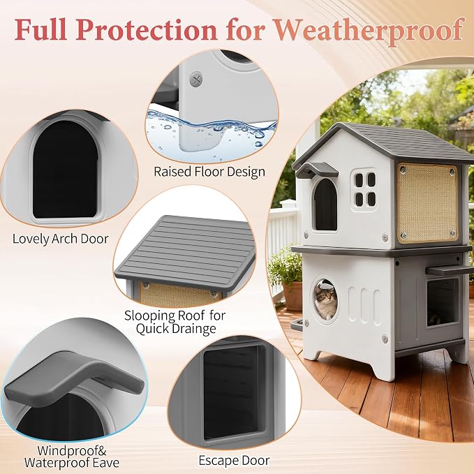 Insulated Cat House Outdoor Plastic Cats Shelter Outside with Cat Bowls | Weatherproof, Durable Plastic, with Elevated Cat Bowls, Cat Scratch Pad , Escape Door, 2-Story, Waterproof ,for Multiple Cats