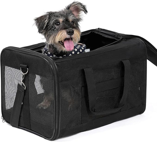 Conlun Dog Carrier Soft Sided, Large Cat Carrier with Inner Safety Leash, Pet Transport Carrier for Large Cats and Medium Dogs up to 20 Lbs, Collapsible Travel Puppy Carrier Bag -Black L