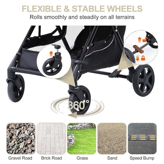 No-Zip Pet Stroller for Small Dogs & Cats, 44 lb, White | No-Zip Canopy, 44 lb Capacity, Reflective Trim, 2 Tethers, Lockable Front Wheels, Rear Brake and One-Hand Fold