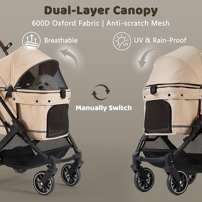 All-Terrain Dog Stroller for Small to Medium Dogs, Pet Stroller for Dogs & Cats Outdoor Walks, One-Hand Easy Fold, Double-Layer Anti-UV & Waterproof Canopy & Breathable Mesh, Vanilla Beige