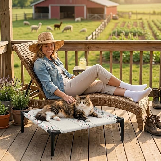 Outdoor Elevated Dog Bed for Small Dogs, Beige Flower Branch Breathable Cooling Raised Dog Cot for Indoor/Outdoor, Spring Summer Farmhouse Botanical Waterproof Elevated Pet Beds, S 20 x 20 in
