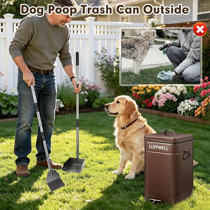 Dog Poop Trash Can Outside, 12L Metal Bin, Tray & Spade | 2 carbon filters, Step-to-open pedal, Soft-close lid, Anti-tip securing ring, Easier cleanup, Stays upright