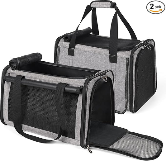 YUDODO 2 Packs 25 lbs Lightproof Soft Sided Cat Carrier for Large Cat & Small Dog Airline Approved Travel Bag Pet Puppy Carriers with Side Pockets & Reflective Mesh, Foldable Portable for Car 2 Grey
