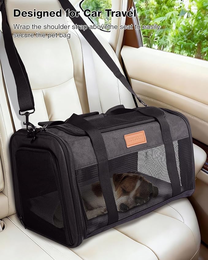 Pet Carrier Airline Approved for Pets Up to 10 Lb, 17x11x9.5 in | Underseat, Top & Side Entry Soft Dog Cat Travel Carrier with Safety Zippers & Anti-Scratch Mesh for Small Cat and Dog, Black