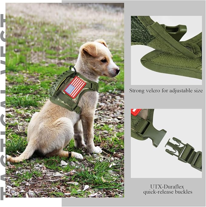 Tactical Service Dog Harness for Small Dogs, Adjustable Military K9 Working Vest with Vertical Handle, Water-Resistant MOLLE Training Gear, Camo, XS